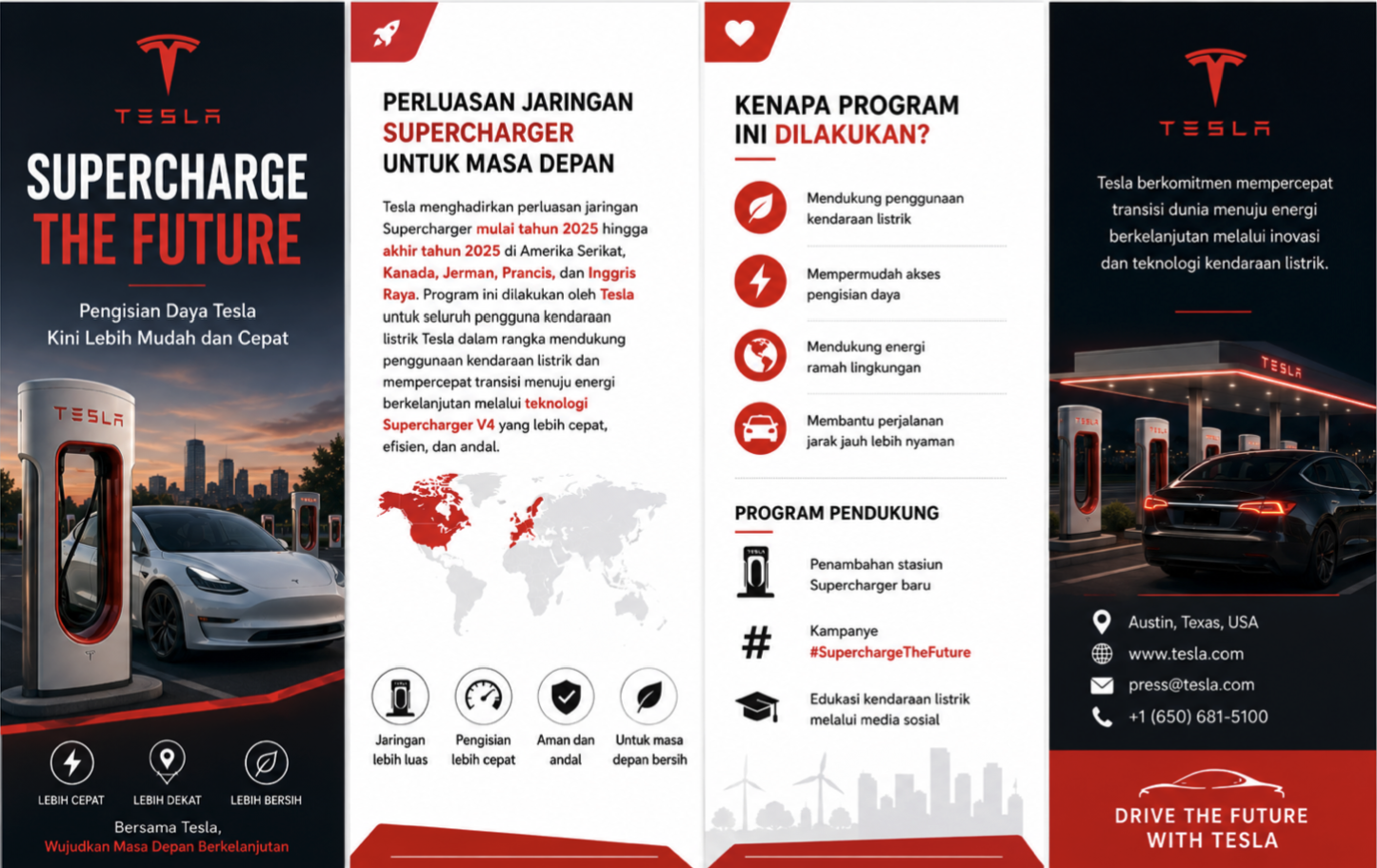 Infografis brosur Tesla berbahasa Indonesia berjudul “SUPERCHARGE THE FUTURE” yang menjelaskan perluasan jaringan Supercharger, alasan program, dan informasi kontak serta kampanye terkait.