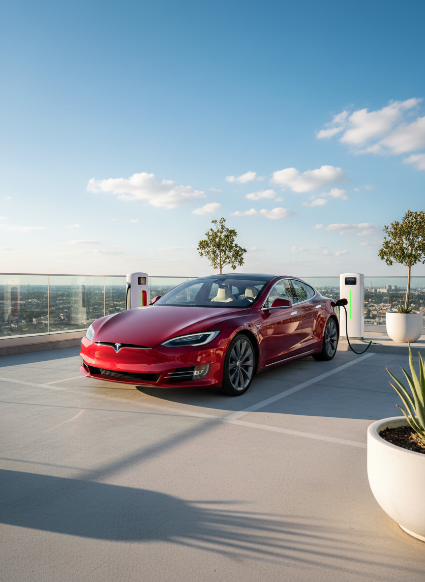 A sleek red Tesla electric sedan parked on a pristine rooftop charging station, its glossy metallic paint reflecting a clear blue sky and distant city skyline. High-tech white charging units connect to the car, with subtle green LED indicators glowing. The surrounding space features clean concrete surfaces, minimalist glass railings, and a few potted native plants emphasizing sustainability. Shot in photographic realism from a slightly elevated eye-level angle, with bright late afternoon sunlight creating crisp, professional shadows and sharp reflections. The mood is innovative and optimistic, highlighting sustainable energy and advanced technology in a clean, modern environment, with the vehicle centered using the rule of thirds and the background gently softened to keep focus on the car and charging infrastructure.