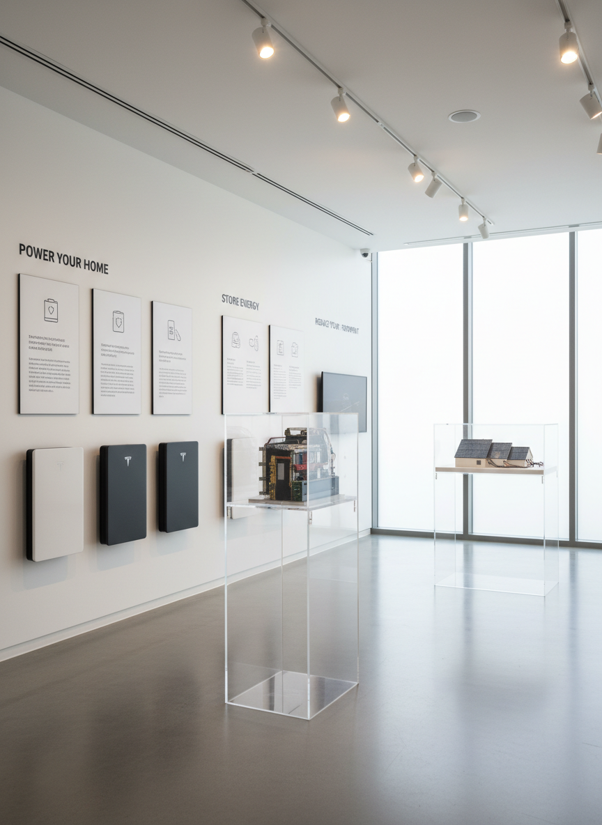 A clean, well-organized Tesla showroom-style gallery dedicated to sustainable energy products, featuring wall-mounted Powerwall units in white and dark gray, a transparent cutaway of a Tesla battery pack on a pedestal, and a detailed scale model of a solar roof installation under clear acrylic. Informational panels with minimalist icons and concise text about renewable energy line the walls. The environment is bright and modern, with large windows allowing diffused daylight, complemented by track lighting that gently spotlights each exhibit. Shot at eye level with a moderate depth of field so all key elements remain sharp. The floor is polished light concrete, reflecting subtle highlights. The mood is educational and professional, ideal for illustrating brochures, galleries, and corporate communication about Tesla’s integrated sustainable energy ecosystem.