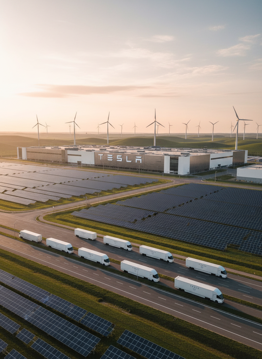 An expansive Tesla Gigafactory exterior captured in photographic realism, featuring vast silver and white industrial buildings with bold TESLA lettering, surrounded by orderly rows of solar panels and wind turbines on gently rolling hills. The foreground shows a broad, clean access road with autonomous electric trucks parked in formation, all bearing subtle Tesla branding. Soft golden hour sunlight bathes the scene, emphasizing sustainable infrastructure and casting long, defined shadows across the landscape. Shot from a slightly elevated wide-angle perspective to convey scale and ambition, with sharp focus throughout. The atmosphere is professional, forward-looking, and environmentally conscious, presenting Tesla as a leader in integrated renewable energy and advanced manufacturing.