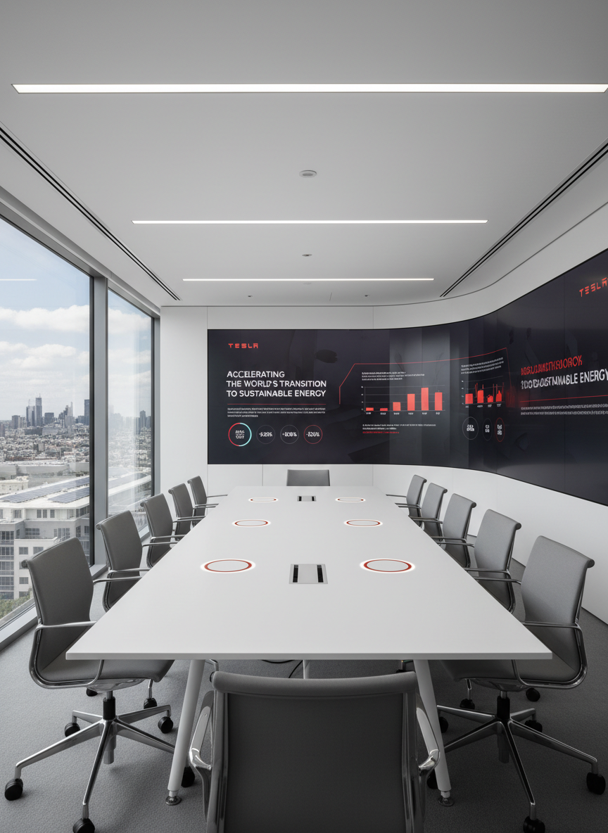 A polished, modern corporate boardroom interior in Tesla’s signature minimalist style, featuring a long matte white conference table with crisp edges and integrated wireless charging pads, surrounded by ergonomic gray chairs with brushed metal details. The far wall hosts a massive ultra-wide screen displaying a clean infographic about sustainable energy growth and Tesla’s mission, in subtle red and white tones. Floor-to-ceiling windows reveal a distant cityscape and a few visible solar installations on nearby roofs. Soft, diffused daylight enters the room, complemented by discreet recessed LED ceiling lights, creating an even, professional illumination. Shot at eye level with a wide-angle lens, emphasizing symmetry and clarity. The mood is strategic, forward-thinking, and corporate, ideal for illustrating vision, mission, and organizational focus on renewable energy.