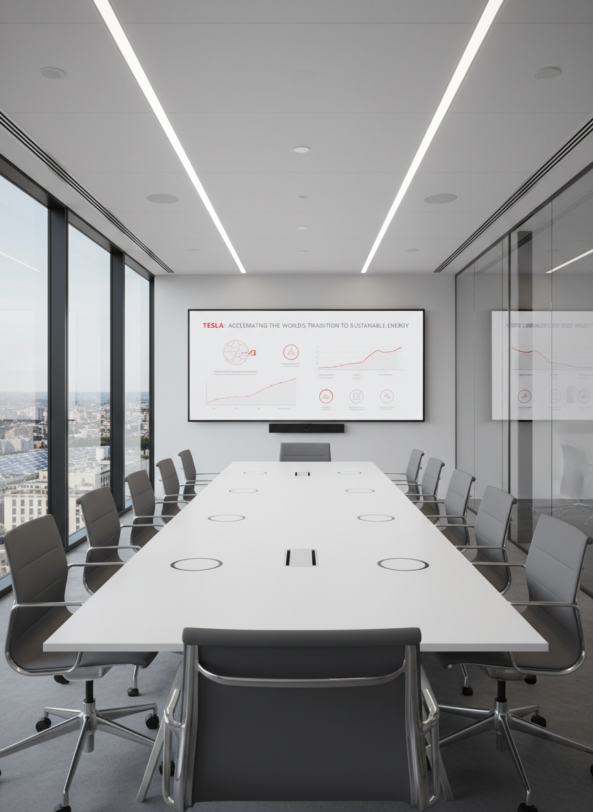 A polished, modern corporate boardroom interior in Tesla’s signature minimalist style, featuring a long matte white conference table with crisp edges and integrated wireless charging pads, surrounded by ergonomic gray chairs with brushed metal details. The far wall hosts a massive ultra-wide screen displaying a clean infographic about sustainable energy growth and Tesla’s mission, in subtle red and white tones. Floor-to-ceiling windows reveal a distant cityscape and a few visible solar installations on nearby roofs. Soft, diffused daylight enters the room, complemented by discreet recessed LED ceiling lights, creating an even, professional illumination. Shot at eye level with a wide-angle lens, emphasizing symmetry and clarity. The mood is strategic, forward-thinking, and corporate, ideal for illustrating vision, mission, and organizational focus on renewable energy.