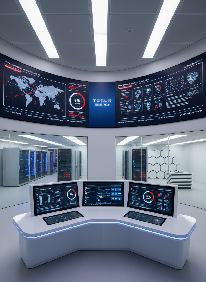 A high-tech Tesla energy control room rendered in photographic realism, featuring wall-to-wall digital dashboards displaying real-time data on solar generation, battery storage, and global energy flow, all in a clean red, white, and blue color palette. The foreground shows a curved, glossy white console with multiple large touchscreens, illuminated by subtle LED edge lighting. Transparent glass walls reveal adjacent rooms with server racks and neatly arranged Powerwall units. The lighting is cool and controlled, with overhead panels casting soft, even light that minimizes glare on the screens. Captured from a slightly elevated angle with deep focus, the composition emphasizes precision, innovation, and data-driven sustainability. The mood is cutting-edge and analytical, perfectly suited for showcasing organizational structure and operational excellence in sustainable energy management.