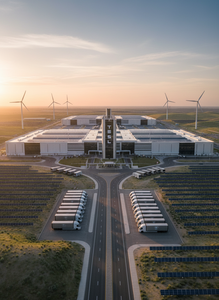 An expansive Tesla Gigafactory exterior captured in photographic realism, featuring vast silver and white industrial buildings with bold TESLA lettering, surrounded by orderly rows of solar panels and wind turbines on gently rolling hills. The foreground shows a broad, clean access road with autonomous electric trucks parked in formation, all bearing subtle Tesla branding. Soft golden hour sunlight bathes the scene, emphasizing sustainable infrastructure and casting long, defined shadows across the landscape. Shot from a slightly elevated wide-angle perspective to convey scale and ambition, with sharp focus throughout. The atmosphere is professional, forward-looking, and environmentally conscious, presenting Tesla as a leader in integrated renewable energy and advanced manufacturing.